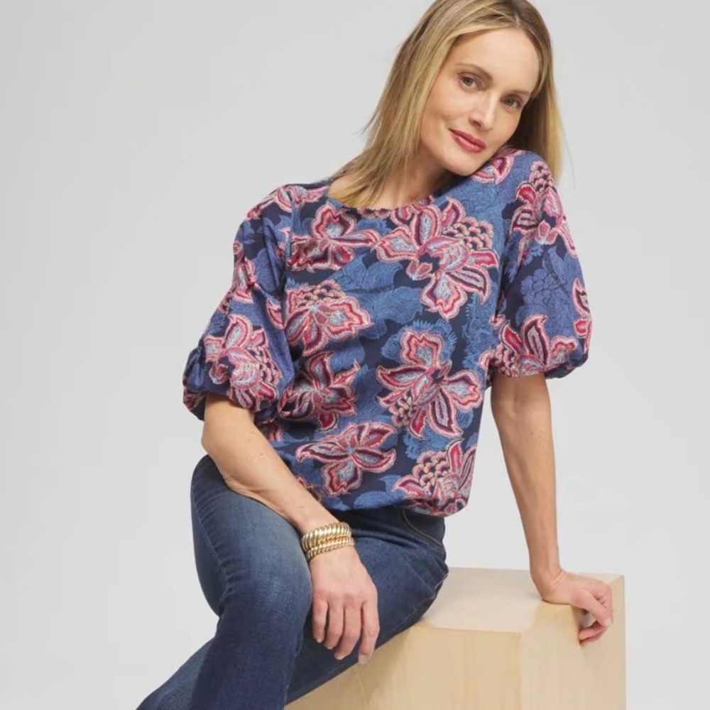Chico’s Blue Floral Puff Sleeve Bubble Hem Top Size 2 (US L)